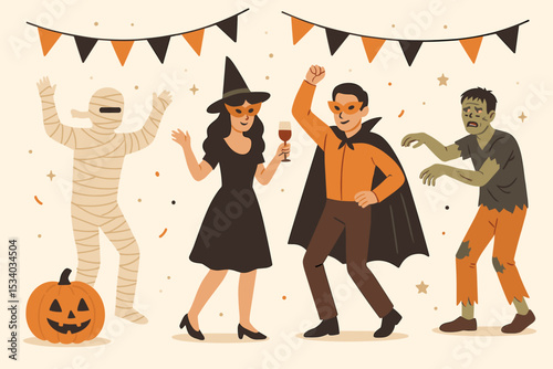 Halloween party celebration with people in monster costumes. Friends dancing dressed as witch, mummy, zombie and vampire. Spooky fun holiday event concept vector illustration.