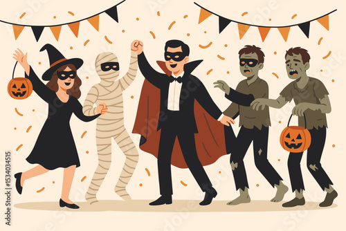 Spooky Halloween party vector illustration. Group of people in monster costumes dancing. Characters include witch, mummy, vampire, and zombies celebrating at a fun masquerade.