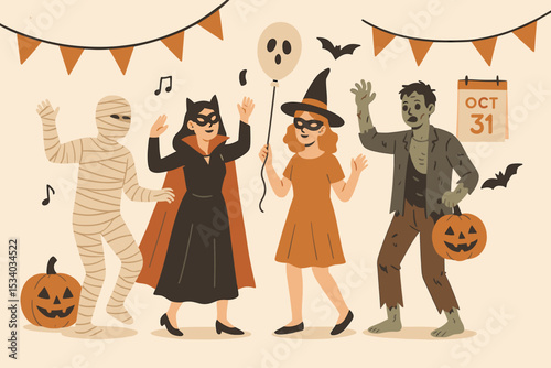 Halloween party vector illustration with people dancing in spooky costumes. Characters celebrating October 31: mummy, witch, zombie with pumpkin and cat girl. Flat holiday design.
