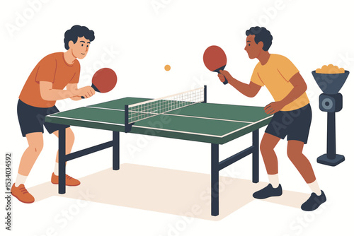 Two diverse young men playing an intense game of table tennis. Male characters in a competitive ping pong match. Concept of sports, healthy lifestyle, indoor activity, and leisure. Vector.