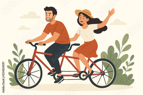 Happy couple riding tandem bicycle together. Man and woman on romantic bike ride adventure. Outdoor leisure activity, partnership, love, relationship concept. Vector illustration.