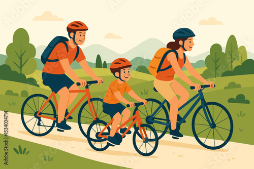Happy family cycling together on a bike ride in nature. Father, mother, and son enjoy outdoor activity. Healthy lifestyle, summer leisure, and active vacation concept vector.