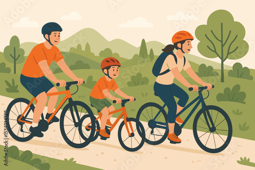 Happy family cycling in nature. Parents with son on bicycles enjoying a bike ride in the park. Concept of active outdoor lifestyle, leisure, sport, and togetherness. Vector illustration.