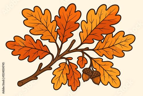 Autumn oak branch with orange leaves and acorns cartoon vector illustration. Seasonal fall foliage design element. Nature graphic isolated for Thanksgiving, harvest festival decoration.