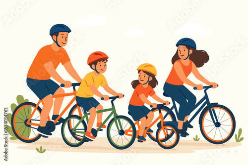 Happy family riding bicycles outdoors. Parents with son and daughter on a fun bike ride. Active healthy lifestyle, leisure, sport and togetherness concept. Vector illustration.