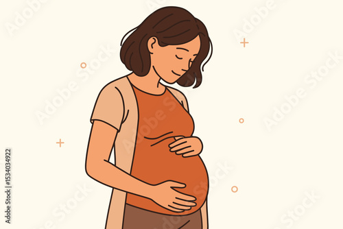 Happy pregnant woman tenderly holding her belly. Young expectant mother smiling. Pregnancy, maternity, and motherhood concept. Health care, love, and anticipation of a baby.