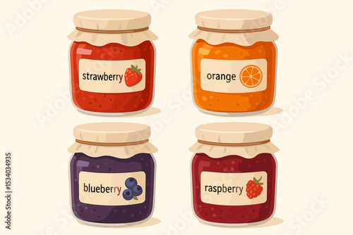 Set of homemade fruit jam jars. Strawberry, orange marmalade, blueberry, and raspberry preserves. Vector illustration collection of glass containers with labels for design.