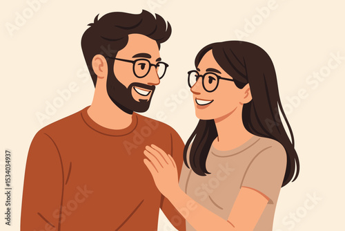 Happy loving couple looking at each other. Smiling man with a beard and woman wearing glasses. Vector illustration of a relationship, romance, affection, and connection concept.