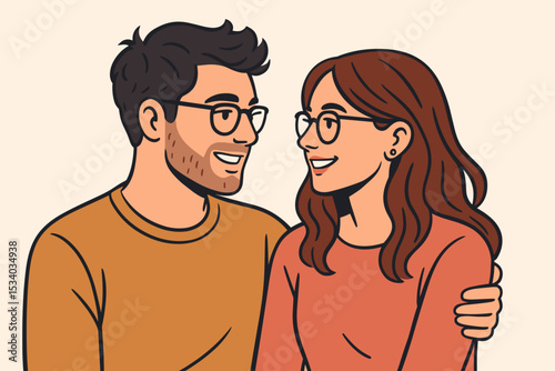 Happy smiling couple in love hugging. Young man and woman with glasses looking at each other. Romantic relationship, affection, and togetherness concept. Portrait vector illustration.