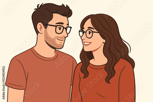 Smiling couple with glasses in love. Portrait of a happy young man and woman looking at each other. Concept of romance, relationship, dating, and partnership. Cartoon vector.