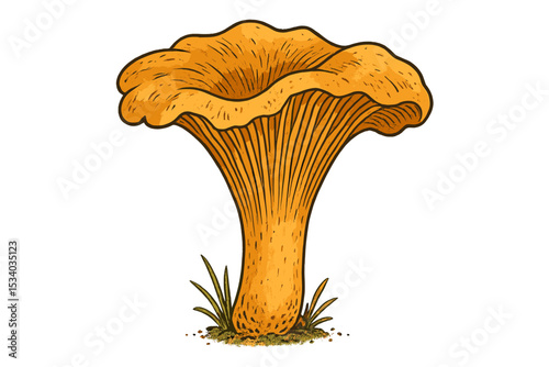Chanterelle mushroom illustration in vintage engraving style. Hand-drawn Cantharellus cibarius, golden girolle fungus. Edible wild mushroom for foraging and gourmet cooking concepts.