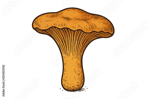 Chanterelle mushroom illustration in vintage engraving style. Hand drawn vector of edible Cantharellus cibarius. Wild forest fungus for gourmet food, mycology and botanical art.