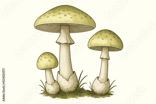 Vintage botanical drawing of Amanita phalloides, the deadly death cap mushroom. Trio of toxic, poisonous fungi in a scientific, hand-drawn style. Mycology vector illustration.