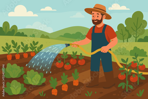Farmer character watering organic vegetables in a garden with a hose. Man irrigating fresh crops like carrots and tomatoes. Sustainable agriculture concept for healthy food. Vector.