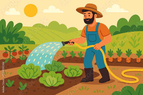 Farmer watering crops in a vegetable garden. Man with hose irrigating plants like tomatoes, carrots, lettuce. Concept of agriculture, organic farming, healthy food, rural life.
