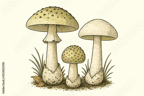 Toxic mushroom vector illustration. Vintage botanical drawing of three poisonous toadstools. Mycology concept with Amanita fungi, possibly death cap species. Isolated nature graphic.