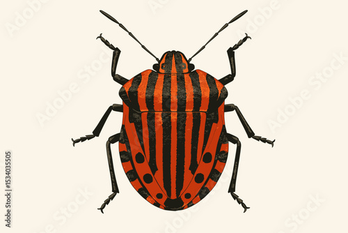 Italian striped bug vector illustration. Graphosoma italicum, minstrel bug realistic drawing. Red and black striped shield bug isolated. Entomology, biology, nature concept.