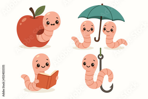 Cute worm cartoon character set. Kawaii earthworm in apple, reading book, under umbrella, on fish hook. Funny animal mascot vector illustration collection for kids. Bookworm concept.