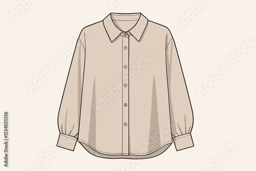 Elegant women's long sleeve blouse. Beige button-down shirt vector illustration. Fashion technical flat sketch for apparel design. Classic clothing template or mock-up. Minimalist garment.