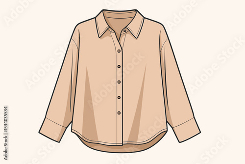 Women's long sleeve button-down shirt vector illustration. Fashion flat sketch for apparel design. Beige oversized blouse technical drawing. Clothing template or mock-up.