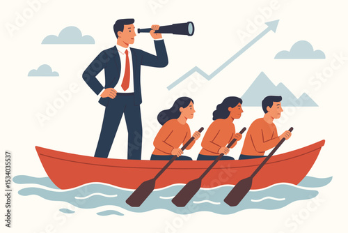 Business leader with telescope leads team rowing in a boat. Metaphor for teamwork, vision, and corporate strategy. Navigating to success and growth with clear direction and goals.