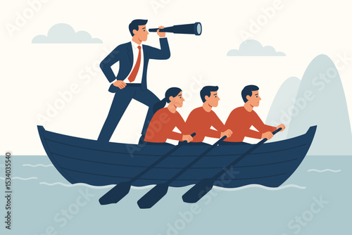 Businessman leader with spyglass guiding employee team rowing boat on a journey. Corporate teamwork metaphor. Business vision, direction, strategy for finding new opportunities.