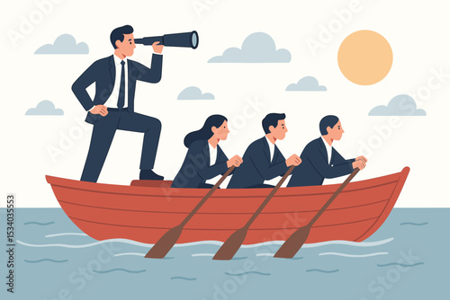Business leader with a telescope navigating the future on a boat with his team rowing. Metaphor for leadership, teamwork, vision, strategy, new opportunities and corporate success.