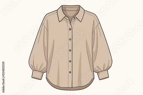 Oversized women's blouse with balloon sleeves technical flat sketch. Button-down shirt fashion vector illustration. Ladies apparel design template. Garment CAD drawing for clothing.