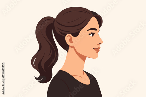 Side profile portrait of a young woman with a ponytail. Elegant brunette girl with healthy hair. Vector avatar for beauty blog, skincare, or hairdressing concept illustration.