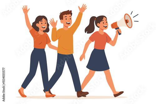 Group of happy young people walking and waving. Woman leader holding a megaphone making an announcement. Concept of promotion, marketing, activism, protest, and public speaking.
