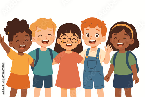 Group of happy diverse children standing together. Multicultural friends, boys and girls, smiling. International students with backpacks. Friendship and childhood concept vector.