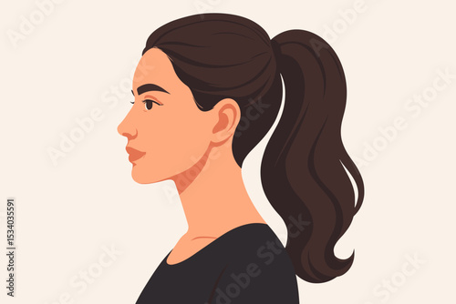 Woman face profile side view with ponytail hairstyle. Beautiful elegant brunette girl portrait. Concept for beauty salon, spa, cosmetology, skincare. Female avatar vector illustration.