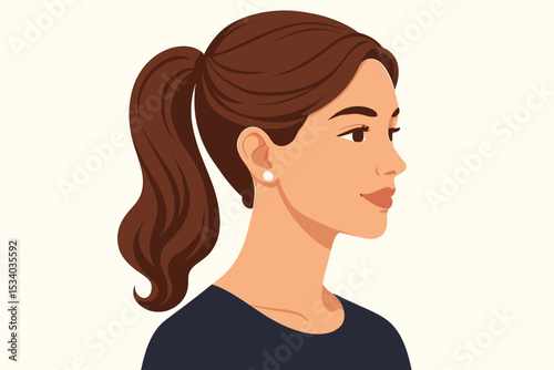 Profile portrait of a beautiful young woman with an elegant ponytail hairstyle. Vector illustration of a brunette girl's face. Concept for beauty, fashion, cosmetics, avatar, wellness.