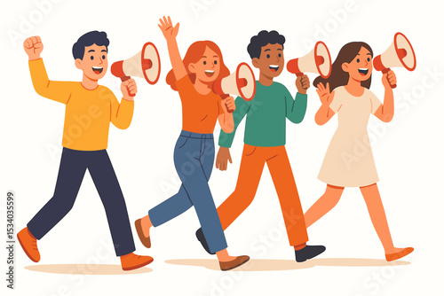 Group of diverse young people marching in a protest. Happy activists with megaphones making an announcement. Concept for social movement, rally, freedom of speech, and unity.