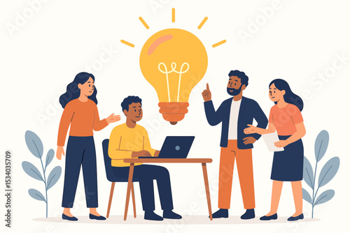 Teamwork and innovation concept. Diverse business people collaborating in office meeting. Creative team brainstorming, finding a solution. Lightbulb symbol for new idea, startup, success.
