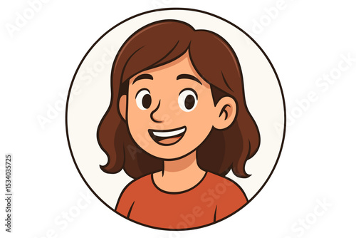 Happy cartoon woman face vector illustration. Female character avatar for social media profile. Young smiling brunette girl portrait icon. Isolated headshot of a friendly person.