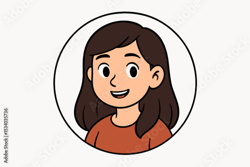 Cartoon woman avatar illustration. Young female character portrait. Cute happy girl face with a smile for social media profile pictures. Simple vector icon of a brunette person.
