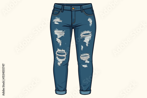 Stylish ripped blue jeans vector illustration. Distressed denim pants with torn details and holes. Modern casual fashion apparel. Trendy skinny jeans with rolled cuffs isolated.