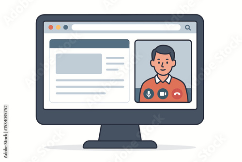 Man on video call on computer monitor. Concept of online meeting, web conference, virtual communication. Remote work, business webinar, job interview, e-learning and customer support.