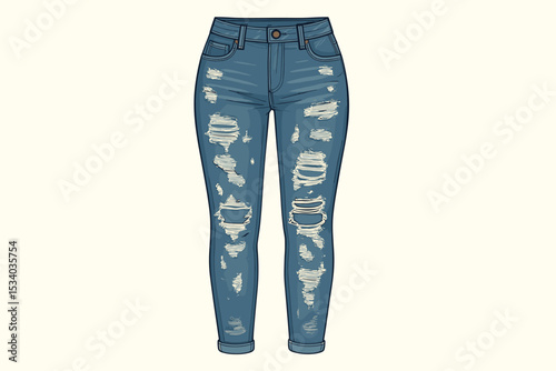 Stylish blue ripped jeans vector illustration. Distressed skinny denim pants with holes and frays. Women's casual fashion apparel. Modern trendy streetwear trousers isolated concept.