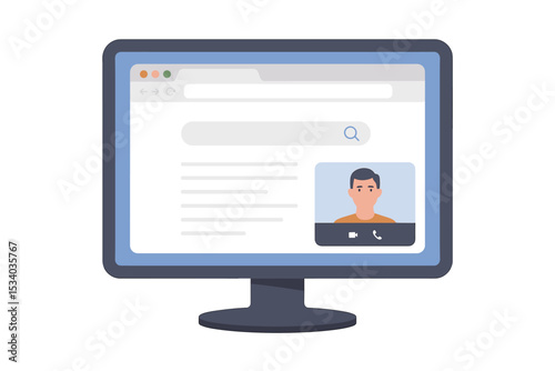 Video conference call on a computer monitor. Man in an online meeting on a web browser screen. Remote work, virtual communication, webinar, customer support concept vector.