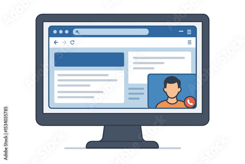 Video call on a computer screen. Online conference meeting concept. Web browser with a male avatar on the display. Remote work and communication technology vector illustration. Flat UI design.