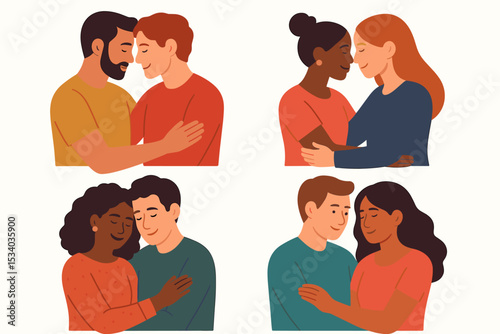 Collection of diverse loving couples. Interracial, heterosexual, gay, and lesbian partners hugging. Vector illustration of relationship, romance, tenderness, pride, and inclusivity.