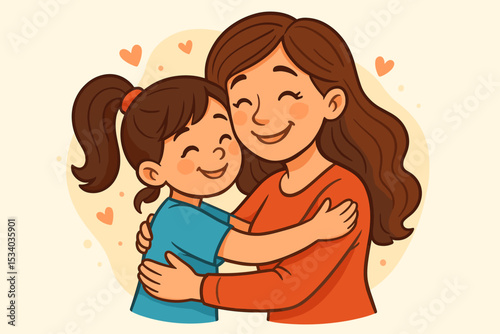 Happy mother and daughter hugging. Loving mom embracing her little girl with care and tenderness. Concept of family love, motherhood, and affection. Cute vector for Mother's Day.