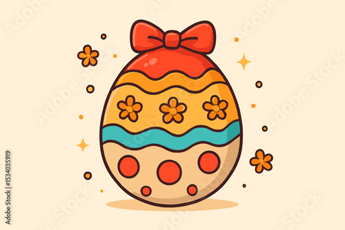 Cute Easter egg illustration. Colorful decorated egg with bow, flowers, and polka dots. Cartoon vector icon for spring holiday celebration. Happy Easter graphic design element.