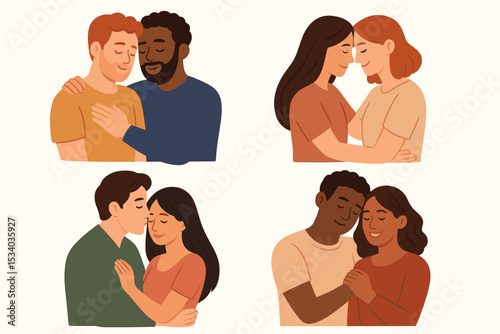 Set of diverse couples in love. Multicultural, interracial, gay, lesbian, and heterosexual people embracing. Vector illustration concept for inclusion, affection, and relationships.