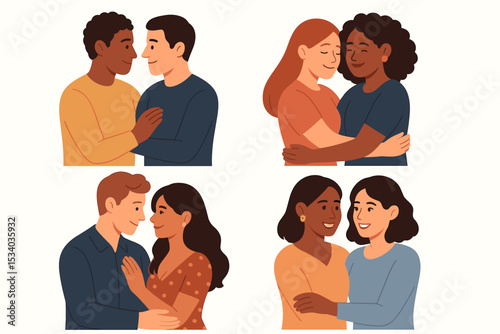 Set of diverse couples in love. Interracial and multiethnic people in relationships. Gay, lesbian and heterosexual partners hugging. LGBTQ+ community concept vector illustration.