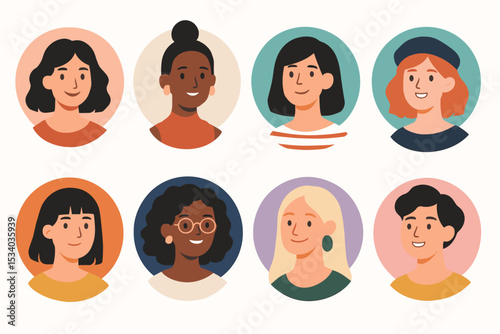 Set of diverse people avatars. Collection of multicultural women portraits. Flat vector illustration icons for profile pictures. Modern cartoon characters for team or community.