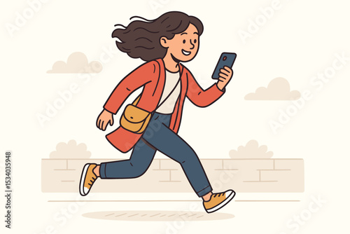 Happy young woman running on the street while looking at her smartphone. Cheerful girl on the go, using a mobile phone. Modern urban lifestyle vector illustration concept.