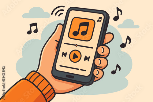 Music streaming service on a mobile phone screen. Hand holding a smartphone playing a song on a media player app. Digital entertainment and online audio technology cartoon vector.